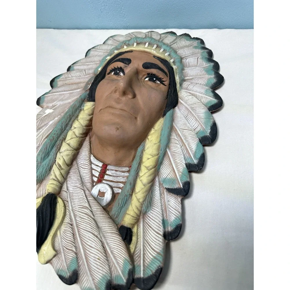 Vintage Native American Indian Plaque Ceramic Art Hand Painted Chief Chipped